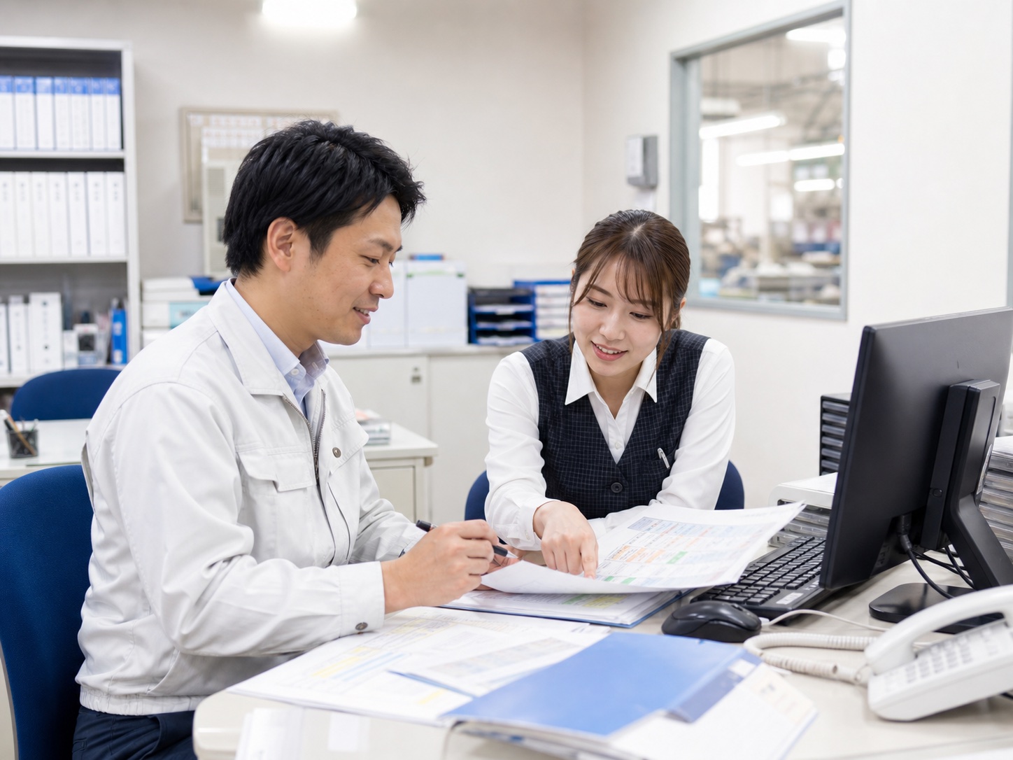 資料を確認しながら連携する管理部門の社員