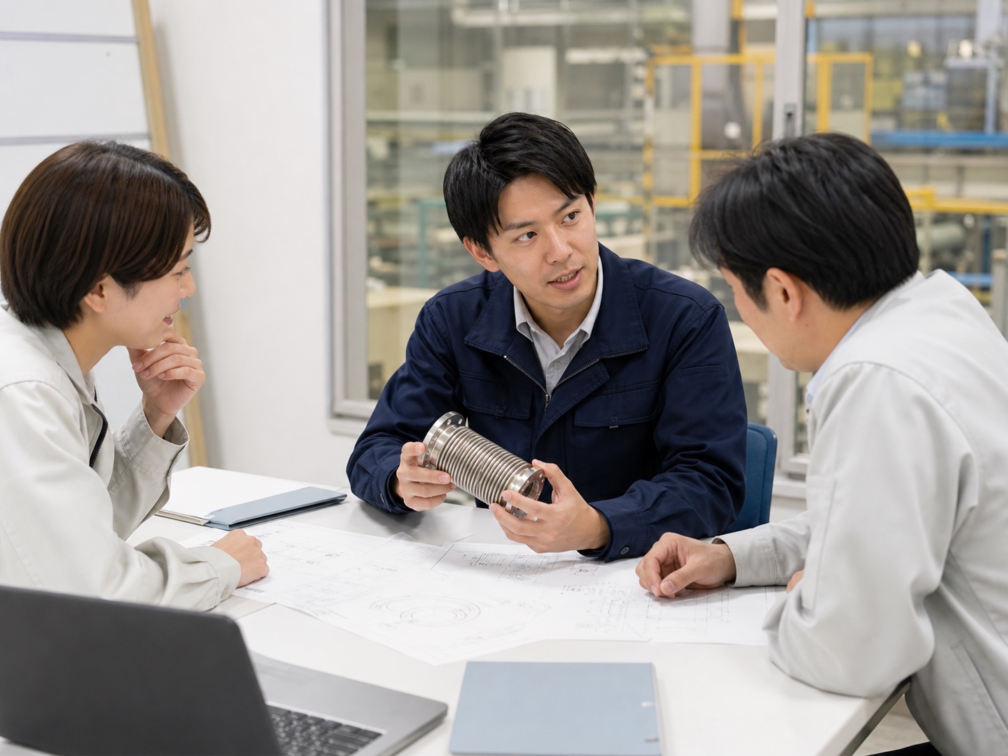 製品サンプルと図面を確認しながら打ち合わせる営業社員
